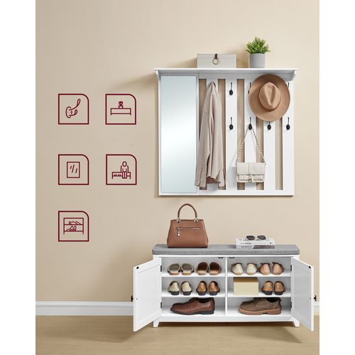 Ensemble Porte-manteau Avec Banc à Chaussures, Miroir, 10 Crochets Doubles, Largeur De 102 Cm, Blanc