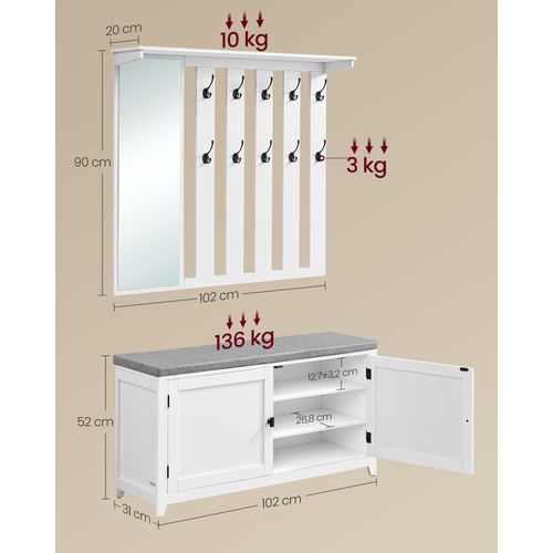 Ensemble Porte-manteau Avec Banc à Chaussures, Miroir, 10 Crochets Doubles, Largeur De 102 Cm, Blanc