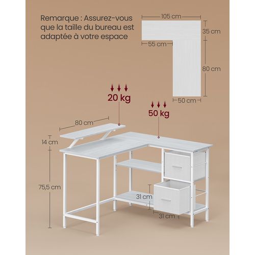 Bureau D'ordinateur En Forme De L, Bureau D'angle, 2 Tiroirs Spacieux