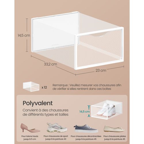 Boîtes à Chaussures, Avec Porte, Lot De 12, Pour Pointure Jusqu'à 43, Transparentes Et Blanc Nuage
