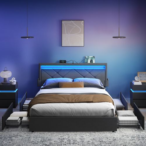 Cadre De Lit, 160 X 200 Cm, Avec LED, 4 Tiroirs, Multiprise, Tête De Lit, Gris Et Noir