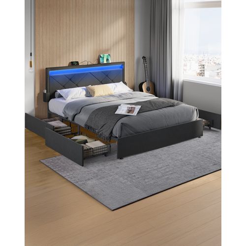 Cadre De Lit, 160 X 200 Cm, Avec LED, 4 Tiroirs, Multiprise, Tête De Lit, Gris Et Noir