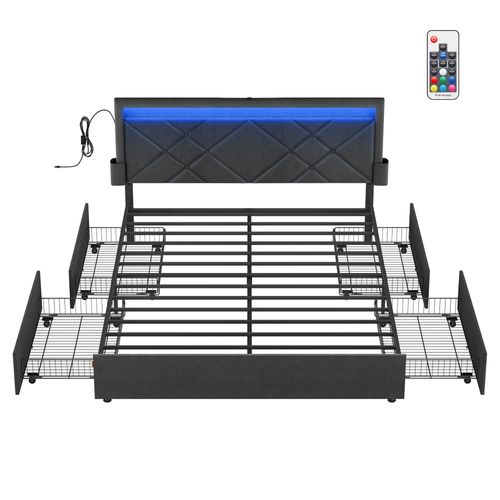Cadre De Lit, 160 X 200 Cm, Avec LED, 4 Tiroirs, Multiprise, Tête De Lit, Gris Et Noir
