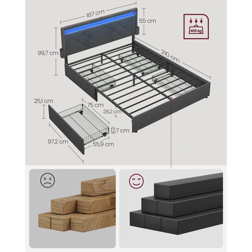 Cadre De Lit, 160 X 200 Cm, Avec LED, 4 Tiroirs, Multiprise, Tête De Lit, Gris Et Noir