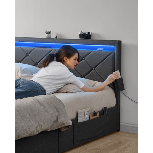 Cadre De Lit, 160 X 200 Cm, Avec LED, 4 Tiroirs, Multiprise, Tête De Lit, Gris Et Noir