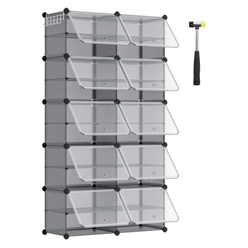Étagère à Chaussures 10 Compartiments, Modulable, Compartiment De 30 X 40 X 30 Cm, Avec Porte, Gris
