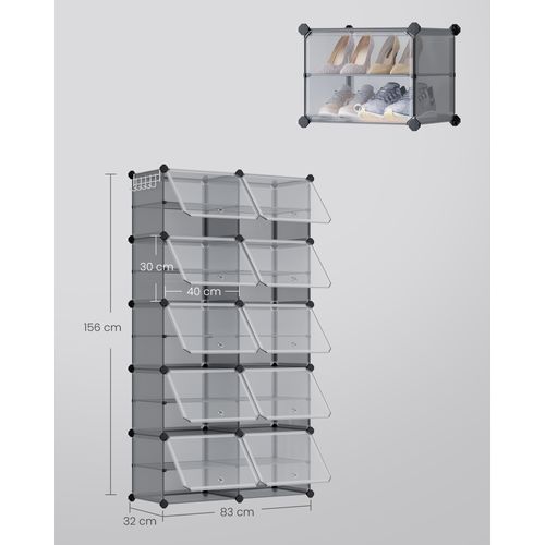 Étagère à Chaussures 10 Compartiments, Modulable, Compartiment De 30 X 40 X 30 Cm, Avec Porte, Gris