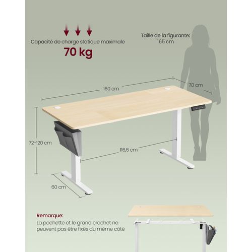 Bureau Électrique Réglable En Hauteur, 160 X 70 Cm, Pour Bureau, Télétravail, Doré Chêne