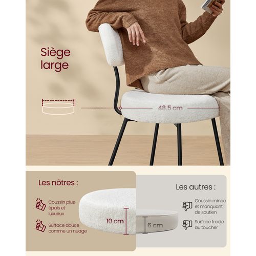 Chaises Salle à Manger, Lot De 2, Tissu Peluche, Dossier Courbé, Rembourrées, Blanc Crème