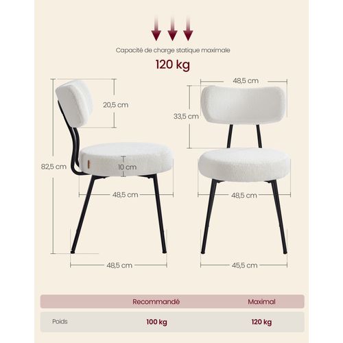 Chaises Salle à Manger, Lot De 2, Tissu Peluche, Dossier Courbé, Rembourrées, Blanc Crème
