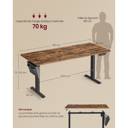 Bureau Électrique Réglable En Hauteur, 180 X 80 Cm, Pour Bureau, Télétravail, Marron Rustique