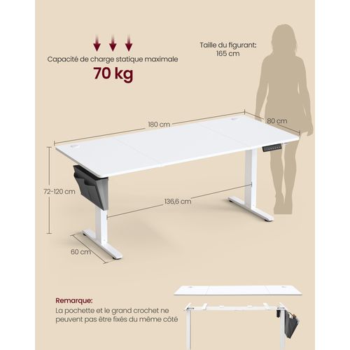 Bureau Électrique Réglable En Hauteur, 180 X 80 Cm, Pour Bureau, Télétravail, Blanc Nuage