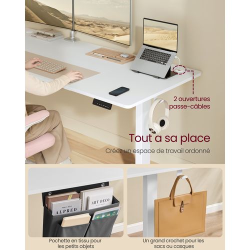 Bureau Électrique Réglable En Hauteur, 180 X 80 Cm, Pour Bureau, Télétravail, Blanc Nuage