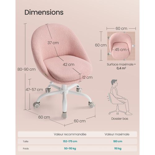 Chaise De Bureau, Rembourrage En Mousse, Réglable En Hauteur, Pour Bureau, Chambre, Rose Bonbon
