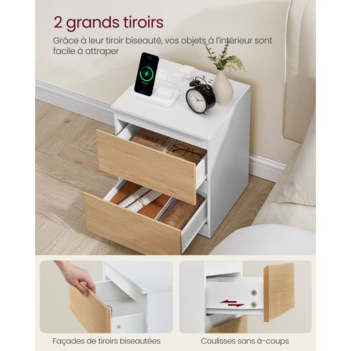 Lot De 2 Table De Chevet Avec Multiprise, 2 Tiroirs, 2 Prises Ca, 2 Ports USB-a, Jaune