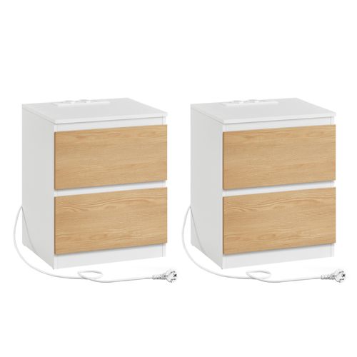 Lot De 2 Table De Chevet Avec Multiprise, 2 Tiroirs, 2 Prises Ca, 2 Ports USB-a, Jaune