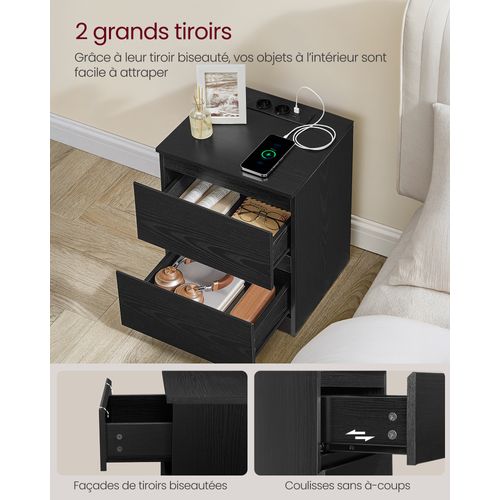 Lot De 2, Table De Chevet Avec Multiprise, 2 Tiroirs, 2 Prises Ca, 2 Ports USB-a, Noir Boisé