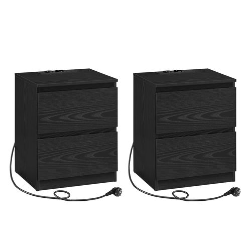 Lot De 2, Table De Chevet Avec Multiprise, 2 Tiroirs, 2 Prises Ca, 2 Ports USB-a, Noir Boisé