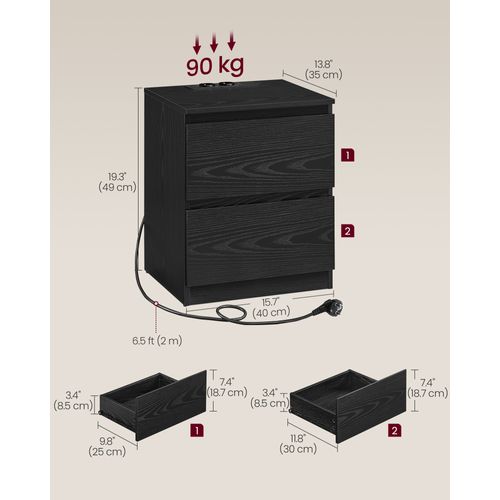 Lot De 2, Table De Chevet Avec Multiprise, 2 Tiroirs, 2 Prises Ca, 2 Ports USB-a, Noir Boisé