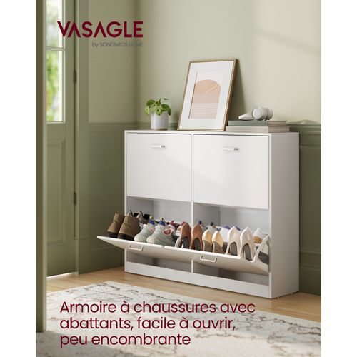 Meuble à Chaussures 4 Portes Battantes, Pour 16 à 28 Paires De Chaussures, Blanc Neige