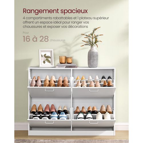 Meuble à Chaussures 4 Portes Battantes, Pour 16 à 28 Paires De Chaussures, Blanc Neige
