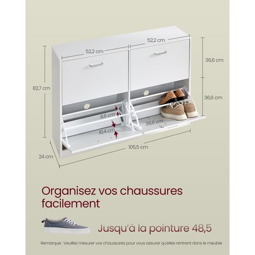 Meuble à Chaussures 4 Portes Battantes, Pour 16 à 28 Paires De Chaussures, Blanc Neige