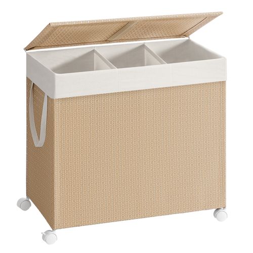 Panier à Linge 3 Compartiments, Corbeille 140 L, Trieur Sur Roulettes, Beige Naturel Et Blanc Mat