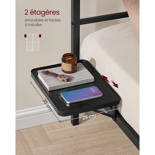 Lit Double, Cadre De Lit En Métal Avec Étagères De Rangement, Tête De Lit, 140 X 190 Cm, Noir