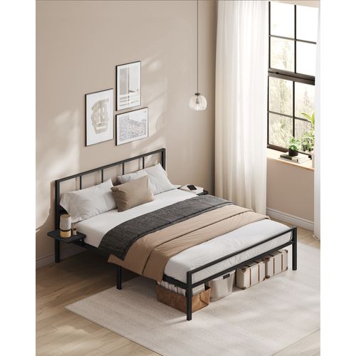 Lit Double, Cadre De Lit En Métal Avec Étagères De Rangement, Tête De Lit, 140 X 190 Cm, Noir