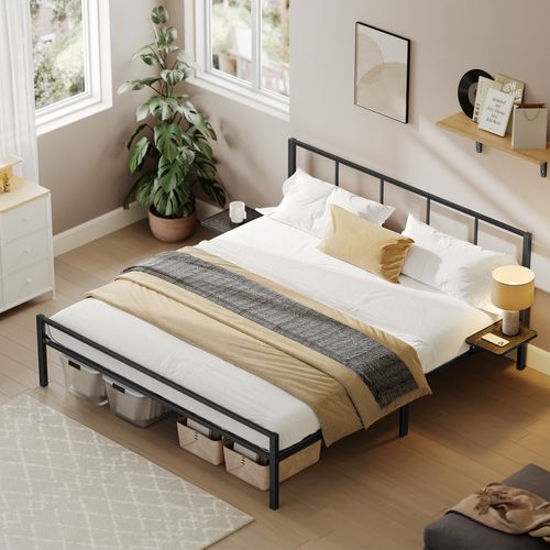 Lit Double, Cadre De Lit En Métal Avec Étagères De Rangement, Tête De Lit, 160 X 200 Cm, Noir