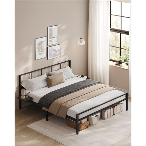 Lit Double, Cadre De Lit En Métal Avec Étagères De Rangement, Tête De Lit, 160 X 200 Cm, Noir
