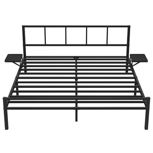 Lit Double, Cadre De Lit En Métal Avec Étagères De Rangement, Tête De Lit, 160 X 200 Cm, Noir