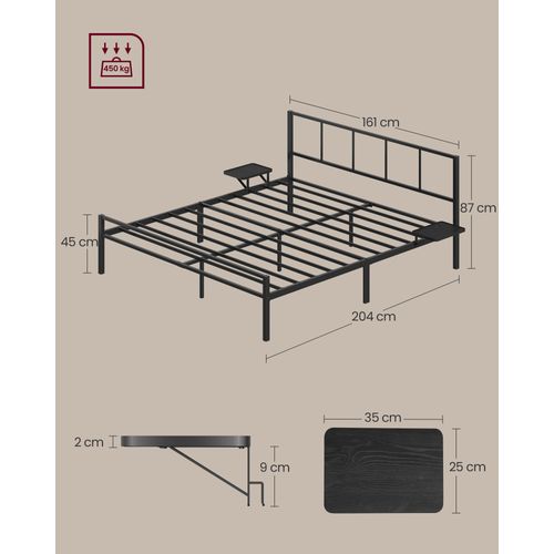 Lit Double, Cadre De Lit En Métal Avec Étagères De Rangement, Tête De Lit, 160 X 200 Cm, Noir