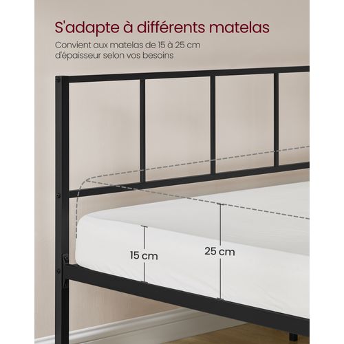 Lit Double, Cadre De Lit En Métal Avec Étagères De Rangement, Tête De Lit, 160 X 200 Cm, Noir