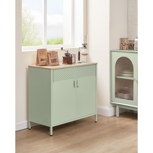Buffet, Double Porte, Fermeture Magnétique, 40 X 80 X 76 Cm, Vert Laurier Et Couleur Chêne Naturel