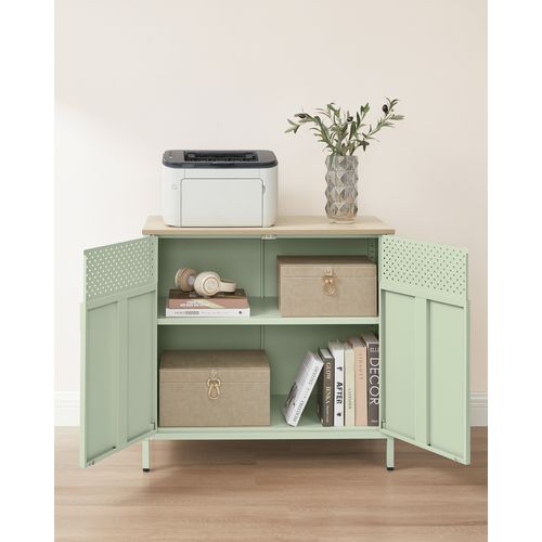 Buffet, Double Porte, Fermeture Magnétique, 40 X 80 X 76 Cm, Vert Laurier Et Couleur Chêne Naturel