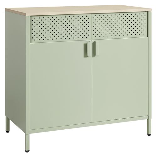 Buffet, Double Porte, Fermeture Magnétique, 40 X 80 X 76 Cm, Vert Laurier Et Couleur Chêne Naturel