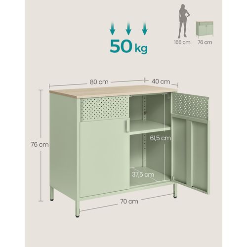 Buffet, Double Porte, Fermeture Magnétique, 40 X 80 X 76 Cm, Vert Laurier Et Couleur Chêne Naturel