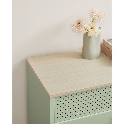 Buffet, Double Porte, Fermeture Magnétique, 40 X 80 X 76 Cm, Vert Laurier Et Couleur Chêne Naturel