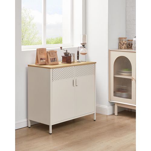 Buffet, En Métal, Double Porte, Fermeture Magnétique, 40 X 80 X 76 Cm, Beige Sable Et Beige Naturel