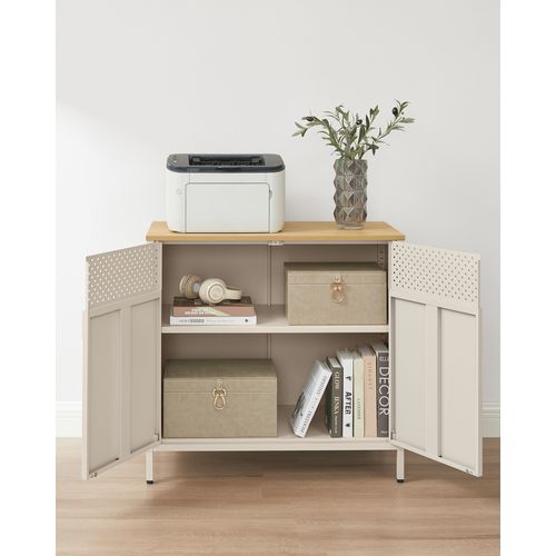 Buffet, En Métal, Double Porte, Fermeture Magnétique, 40 X 80 X 76 Cm, Beige Sable Et Beige Naturel