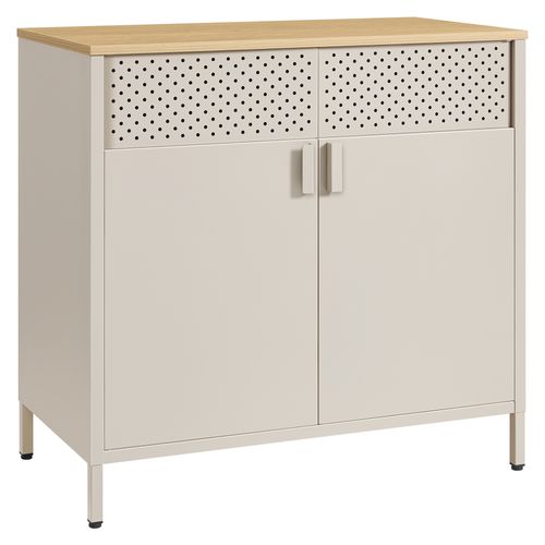 Buffet, En Métal, Double Porte, Fermeture Magnétique, 40 X 80 X 76 Cm, Beige Sable Et Beige Naturel