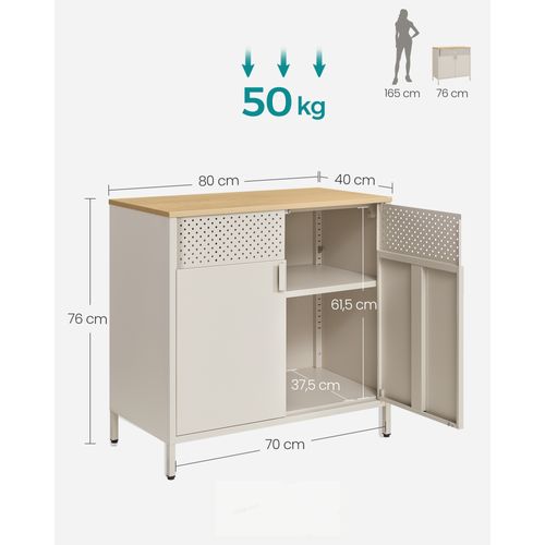 Buffet, En Métal, Double Porte, Fermeture Magnétique, 40 X 80 X 76 Cm, Beige Sable Et Beige Naturel