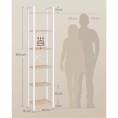 Étagère 6 Niveaux, Pour Bureau, Salon, Chambre, 30 X 40 X 187,5 Cm, Style Industriel, Beige Et Blanc