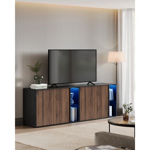 Buffet, Lot De 2, Assemblage Sans Outil, Avec Éclairage Et Étagère En Verre, Noyer Naturel Et Noir