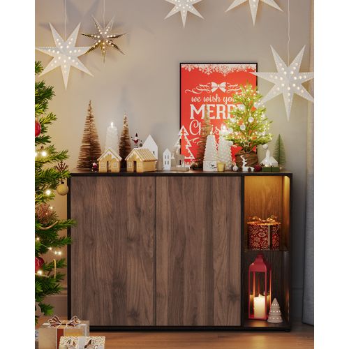 Buffet, Lot De 2, Assemblage Sans Outil, Avec Éclairage Et Étagère En Verre, Noyer Naturel Et Noir