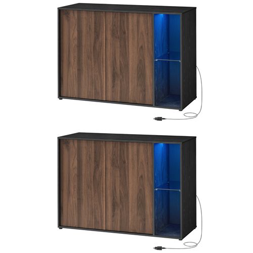 Buffet, Lot De 2, Assemblage Sans Outil, Avec Éclairage Et Étagère En Verre, Noyer Naturel Et Noir