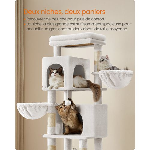 Grand Arbre à Chat, Avec 2 Niches, 2 Paniers, 5 Griffoirs, Toilettage Autonome, Hamac, Blanc Crème
