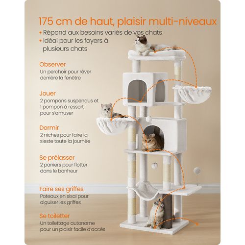 Grand Arbre à Chat, Avec 2 Niches, 2 Paniers, 5 Griffoirs, Toilettage Autonome, Hamac, Blanc Crème