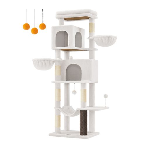 Grand Arbre à Chat, Avec 2 Niches, 2 Paniers, 5 Griffoirs, Toilettage Autonome, Hamac, Blanc Crème